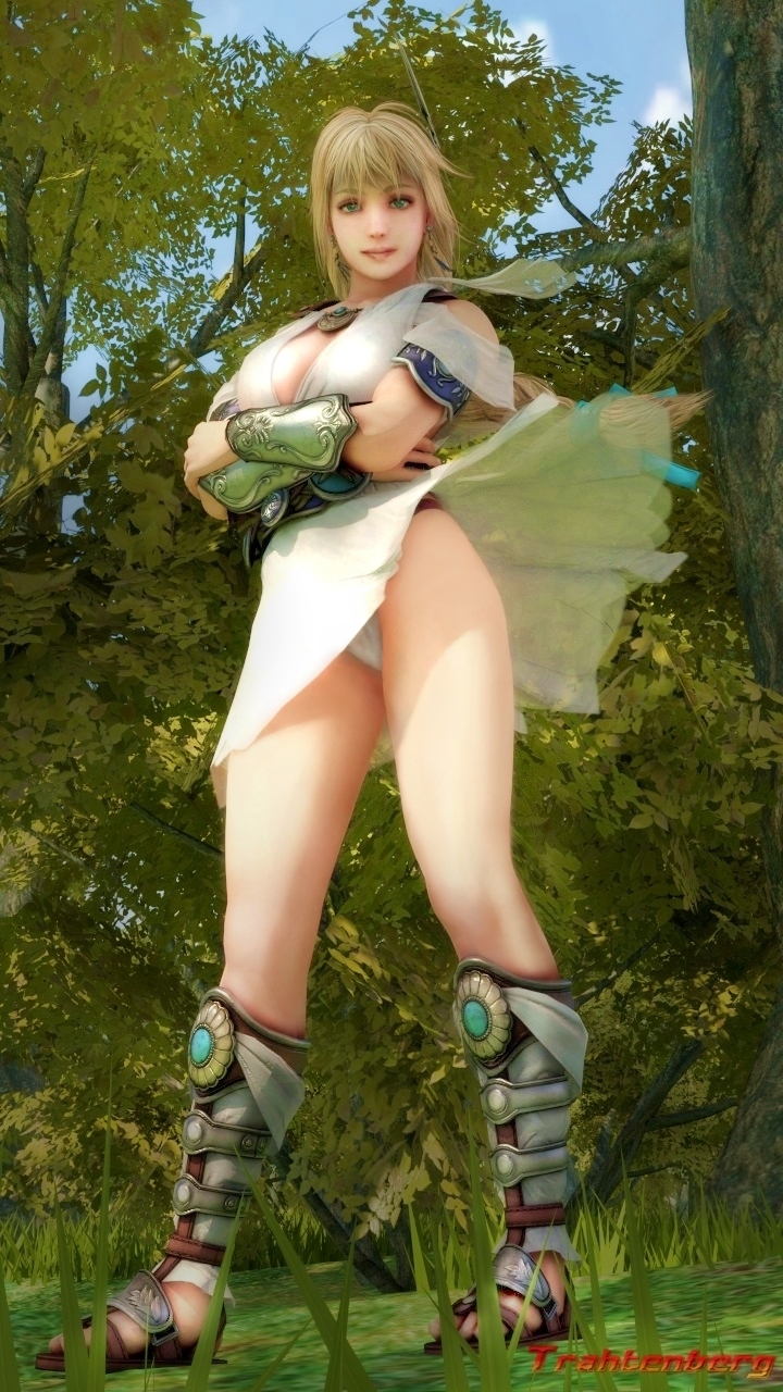 1girl, breasts, cleavage, gladiator_sandals, green_eyes, long_hair, looking_at_viewer, sandals