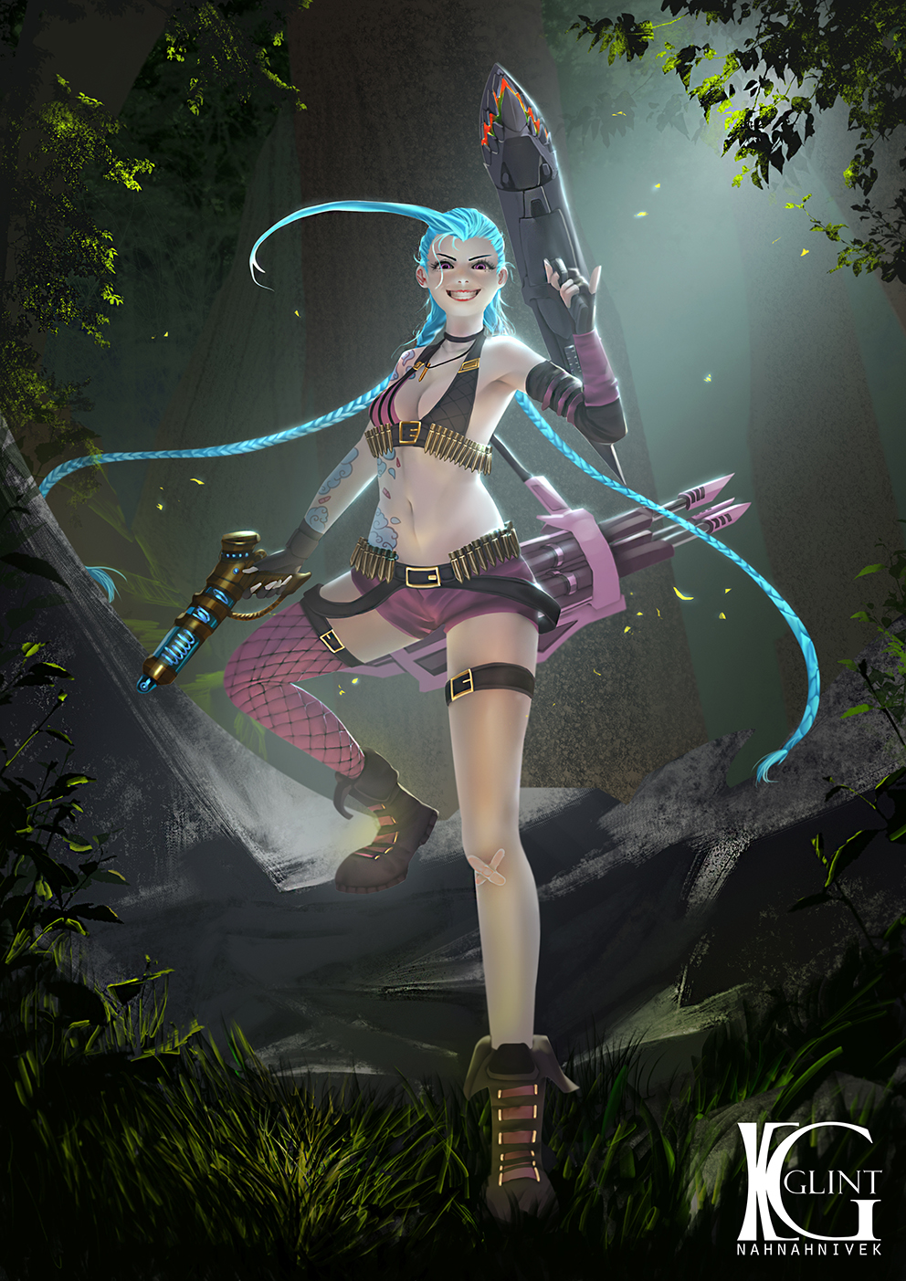 1girl, blue_hair, breasts, cleavage, gun, jinx_(league_of_legends), kevin_glint, league_of_legends, looking_at_viewer, midriff, navel, short_shorts, shorts, solo, stomach, twin_braids, weapon