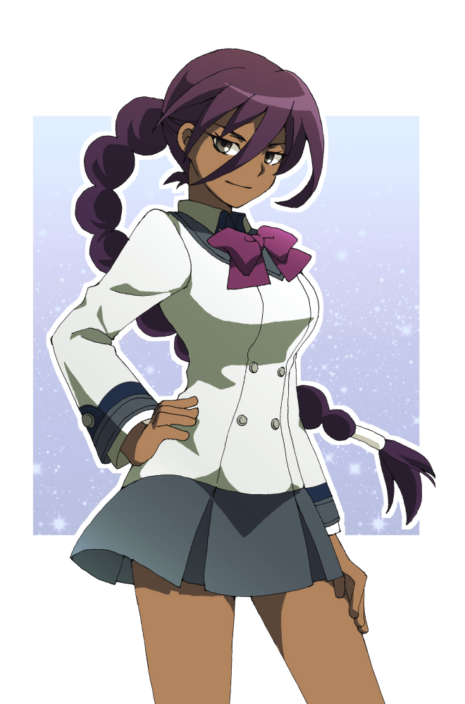1girl, braid, breasts, danball_senki, danball_senki_wars, dark_skin, female, long_hair, purple_hair, skirt, smile, solo, uniform, vanessa_gala