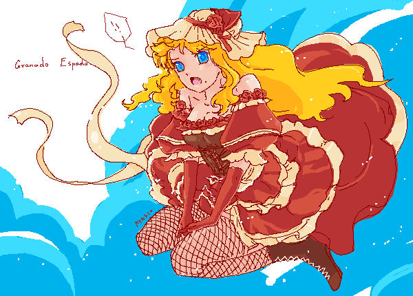 blonde_hair, blue_eyes, boots, dress, elementalist, fishnet_pantyhose, fishnets, flower