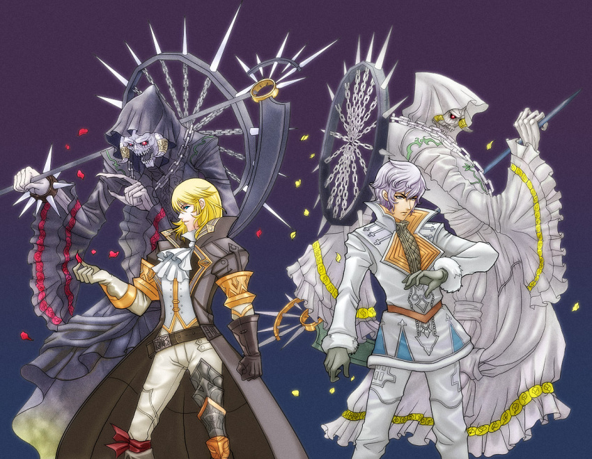 blonde_hair, blue_eyes, chain, chains, cravat, eduardo_(granado_espada), flower, gloves