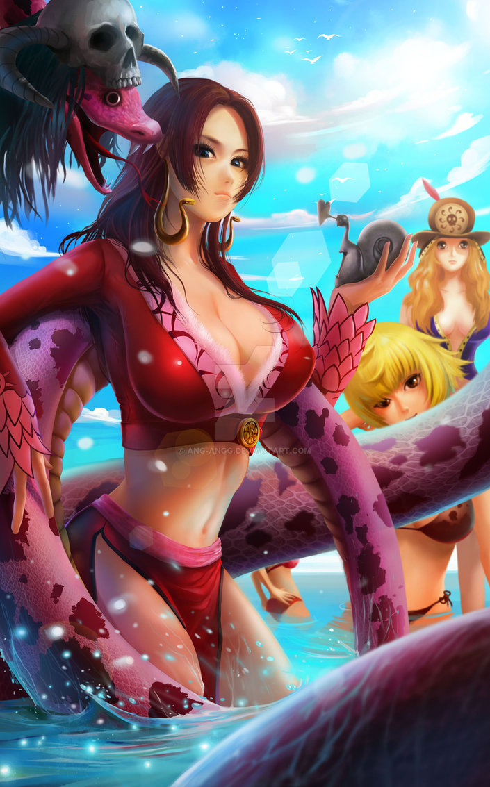 4girls, amazon, aphelandra, bikini, black_hair, blonde_hair, blue_eyes, boa_hancock