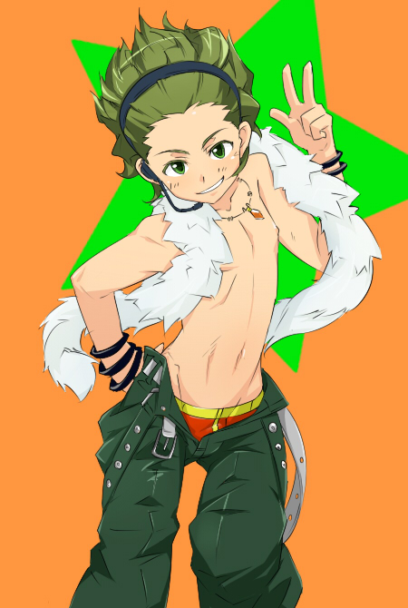 1boy, bracelet, green_eyes, green_hair, hair_ornament, hairband, headset, idolmaster