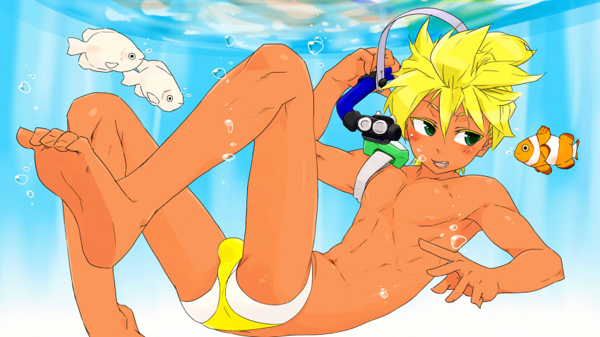 1boy, blonde_hair, bulge, fish, green_eyes, joshitsu_(zion16wh), kagamine_len, male_focus, ocean, solo, swim_briefs, swimsuit, underwater, vocaloid, water