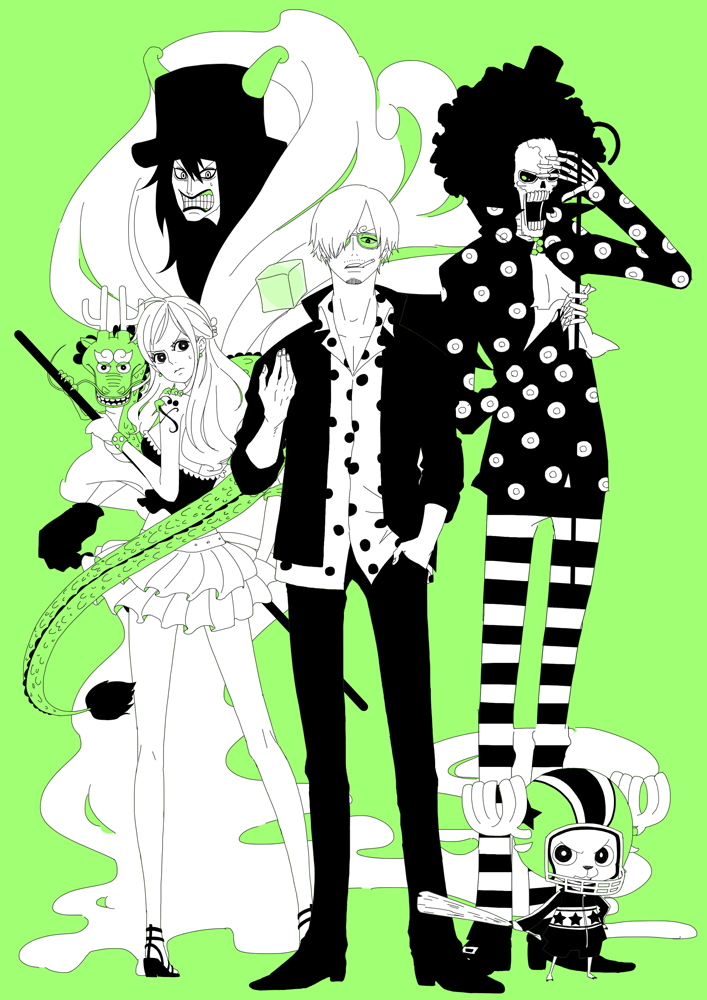 1girl, 4boys, brook, caesar_clown, color_background, gas, momonosuke_(one_piece), multiple_boys