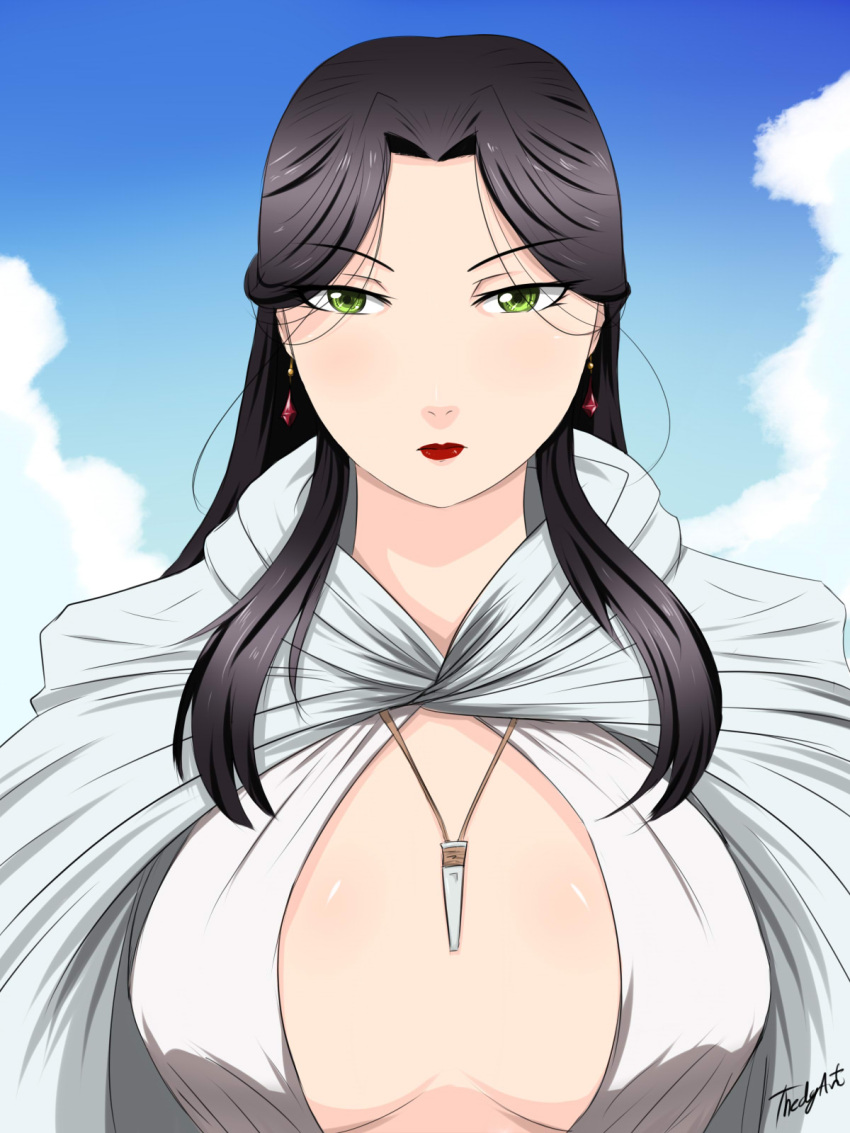 1girl, arslan_senki, black_hair, breasts, breasts_apart, cloak, earrings, falangies