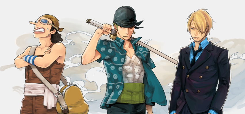 3boys, bag, bandage, bandanna, black_hair, blonde_hair, conomi_islands, crossed_arms