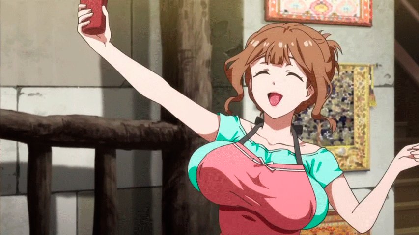 1girl, animated, animated_gif, bouncing_breasts, breasts, brown_hair, female, kazami_torino, large_breasts, smile, solo, valkyrie_drive, valkyrie_drive_-mermaid-