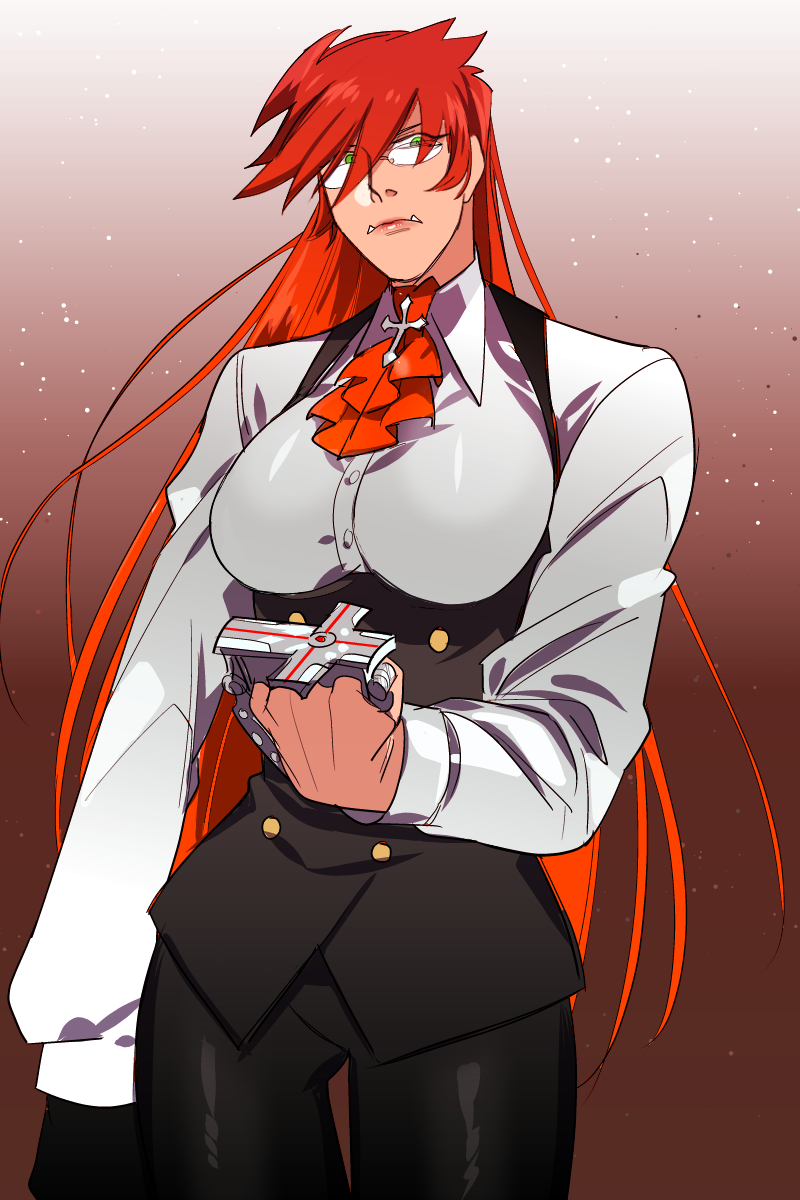 1girl, brass_knuckles, breasts, cross, fangs, genderswap, highres, kekkai_sensen