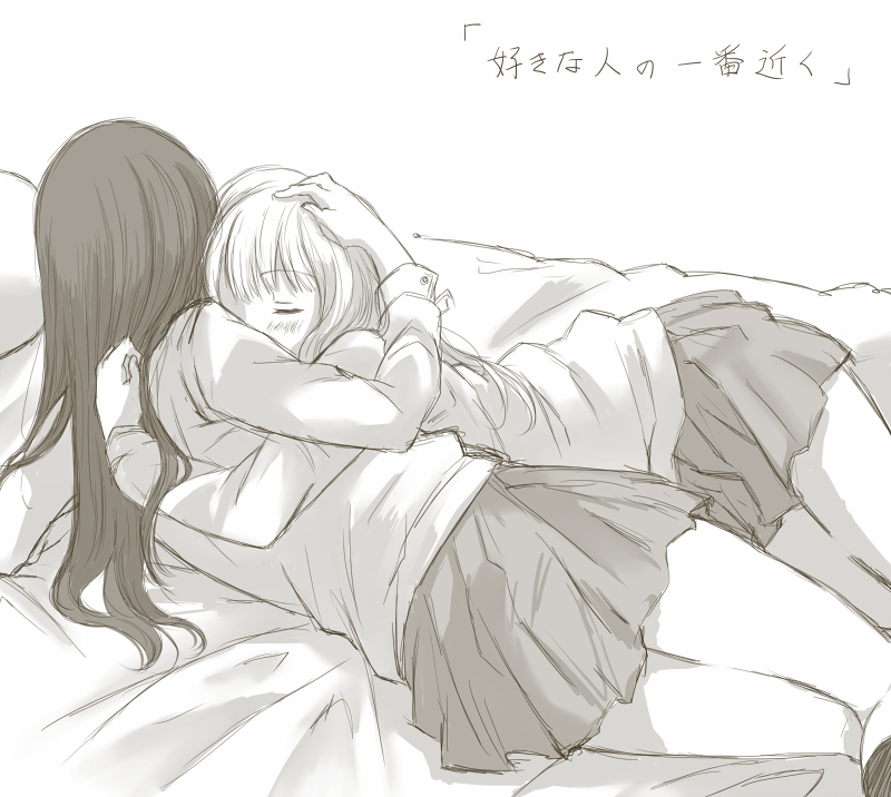 2girls, arm_hug, barefoot, bed, bed_sheet, blue_hair, blush, brown_hair, closed_eyes, cuddling, curtains, dance, girl_sandwich, hug, long_hair, love_live!_school_idol_project, minami_kotori, multiple_girls, sandwiched, satsuma_age, sonoda_umi, yuri