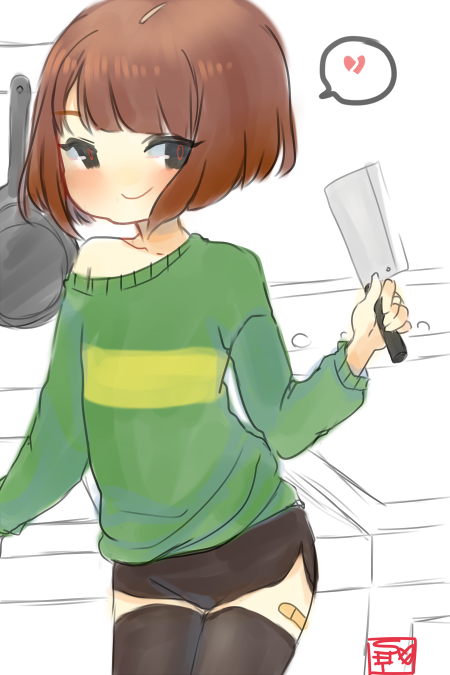 androgynous, artist_request, brown_hair, chara_(undertale), meat_cleaver, red_eyes, solo, undertale