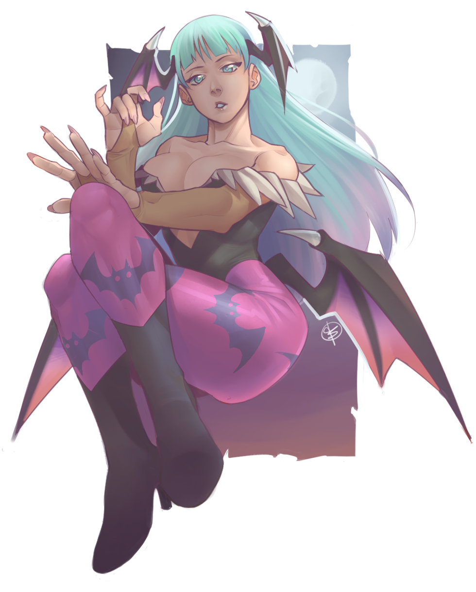 1girl, bat_print, breasts, cleavage, collarbone, female, green_hair, headwings