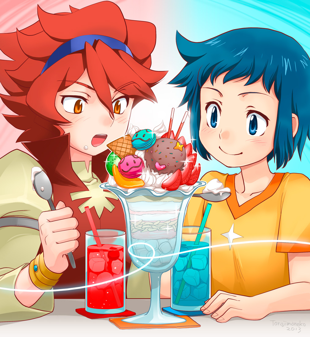 2boys, blue_eyes, blue_hair, blush, cream, drinks, food, gundam, gundam_build_fighters, ice_cream, iori_sei, macaroons, male_focus, marshmallows, multiple_boys, pocky, redhead, reiji_(gundam_bf), spoon, strawberry, sundae, torajimaneko, wafers, yellow_eyes