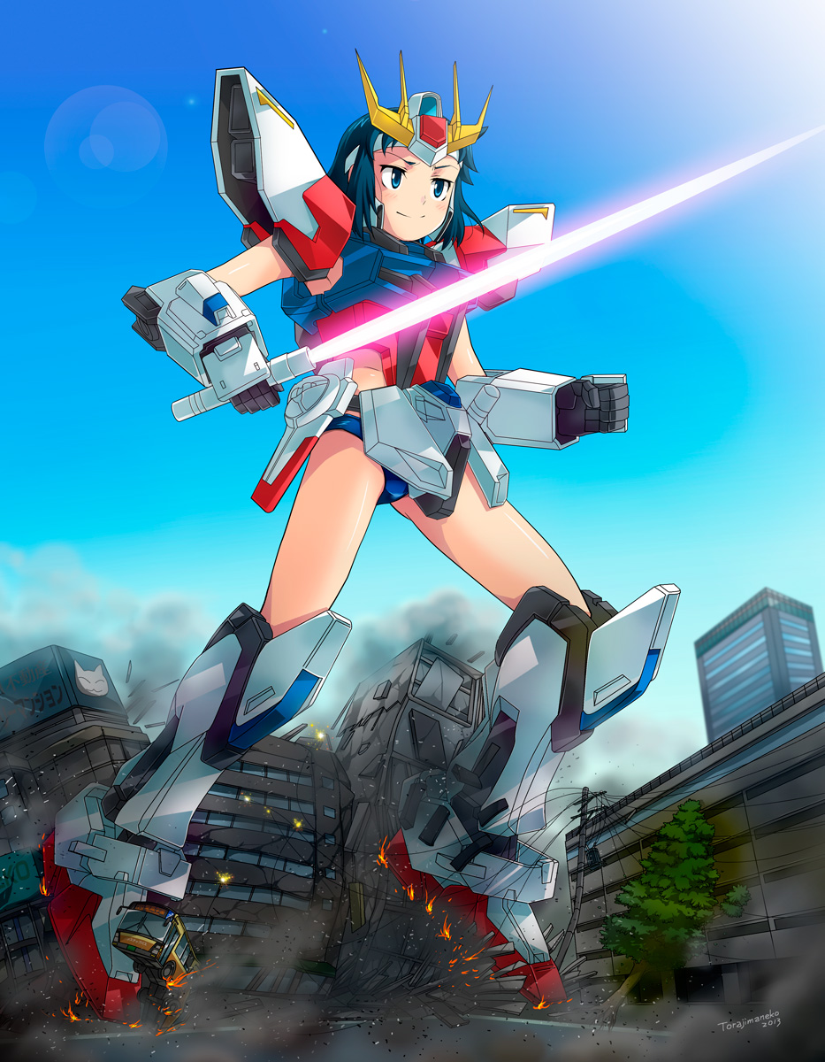 1boy, blue_eyes, blue_hair, building, giant, gundam, gundam_build_fighters, iori_sei
