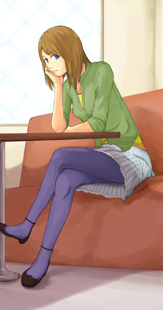 1girl, blue_eyes, blue_legwear, blue_pantyhose, dress_shirt, gaze, green_shirt, light_brown_hair, looking_at_viewer, original, pantyhose, restaurant, shirt, shoes, sitting, skirt, smile, solo, solvalou, striped_skirt