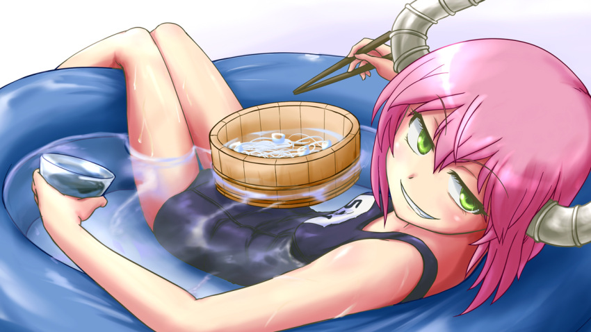 1girl, bare_shoulders, breasts, chopsticks, colored_eyelashes, demon_girl, eating, eyelashes