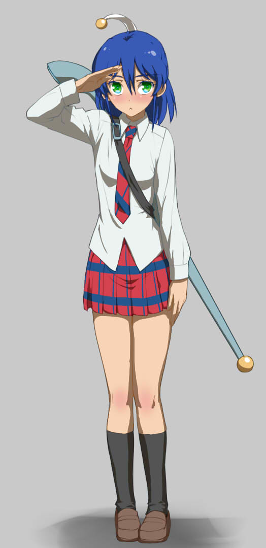 1girl, aizawa_nagisa_(jitsu_wa_watashi_wa), blue_hair, blush, breasts, green_eyes, jitsu_wa_watashi_wa, necktie, school_uniform, shoes, short_hair, skirt, socks, weapon