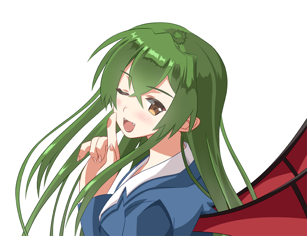 1girl, blush, brown_eyes, fangs, green_hair, jitsu_wa_watashi_wa, long_hair, one_eye_closed