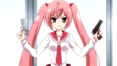 3girls, animated, animated_gif, dual_wielding, female, fighting, gun, gym_uniform