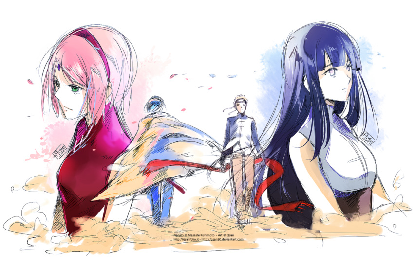 2boys, 2girls, cloak, facial_mark, forehead_mark, green_eyes, haruno_sakura, hime_cut