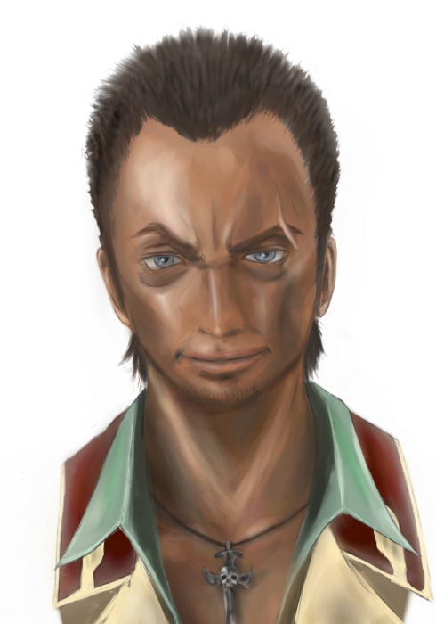 1boy, artist_request, blue_eyes, dark_skin, demeziere_sonnen, gundam, gundam_ms_igloo, male_focus, scar, solo