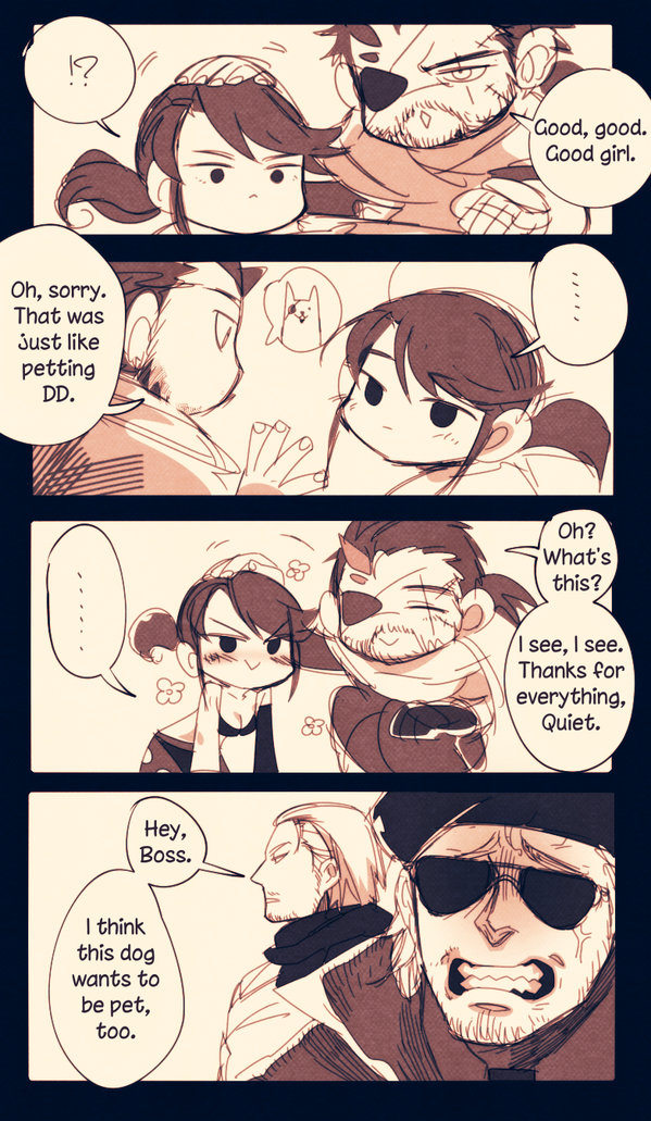 1girl, 3boys, 4koma, beard, big_boss, comic, eyepatch, facial_hair