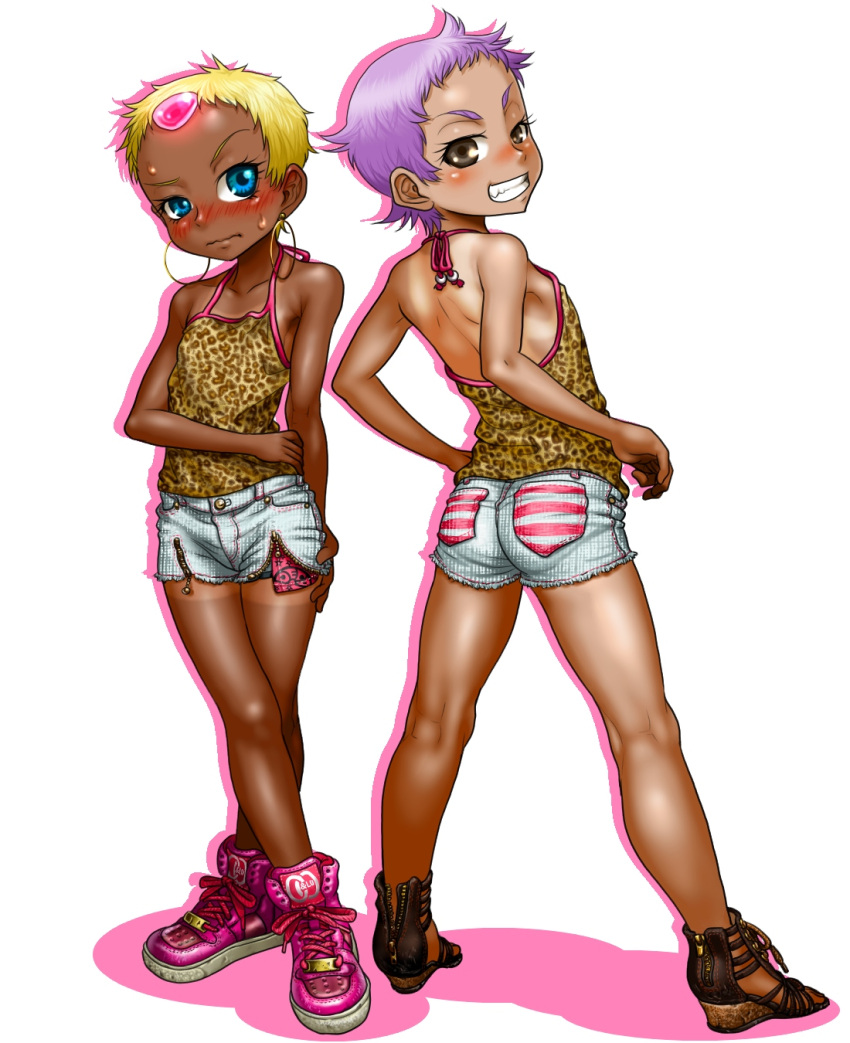 00s, 2girls, ass, back, bare_shoulders, blonde_hair, blue_eyes, blush