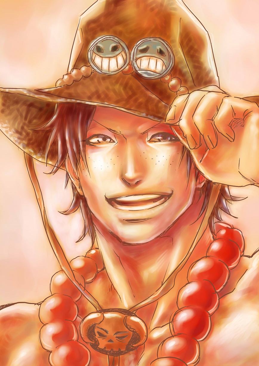 1boy, beads, freckles, hand_on_hat, jewelry, male_focus, necklace, one_piece
