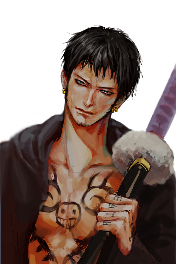1boy, dotol, earrings, facial_hair, goatee, jewelry, kikoku, male_focus, nodachi, one_piece, open_clothes, open_shirt, scabbard, sheath, shirt, solo, trafalgar_law