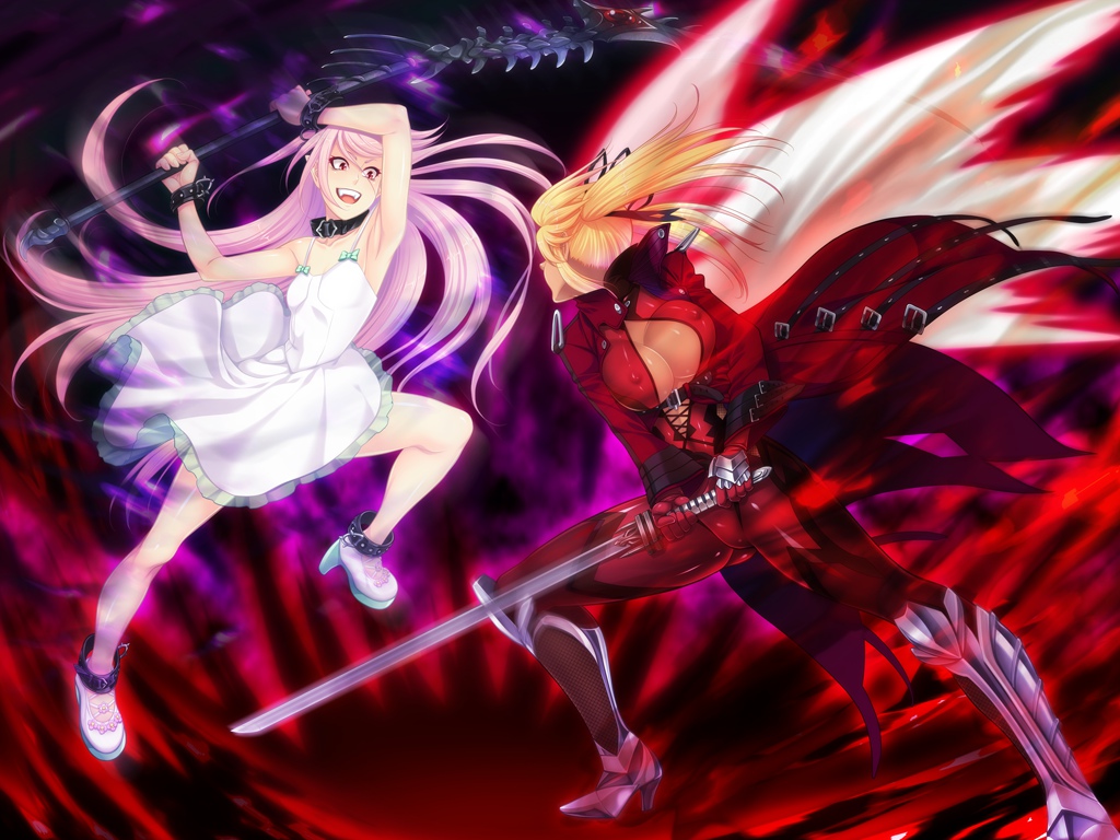 2girls, aura, battle, blonde_hair, bodysuit, bouncing_breasts, breasts, felicia_(taimanin_kurenai)