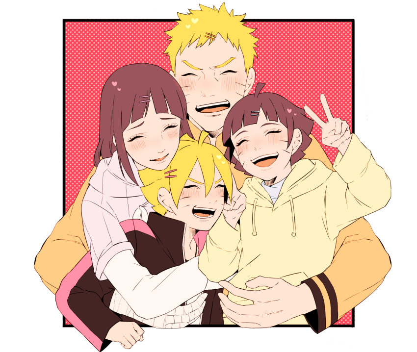 2boys, 2girls, ahoge, blonde_hair, blush, boruto:_the_movie, family, group_hug