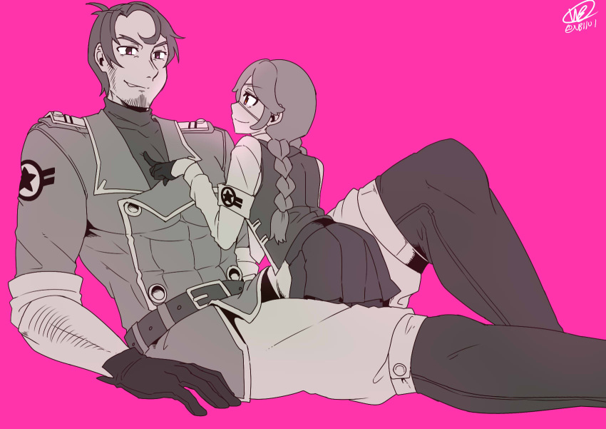 1boy, 1girl, abs, alternate_costume, annie_of_the_stars, arm_hair, belt, beowulf_(skullgirls)