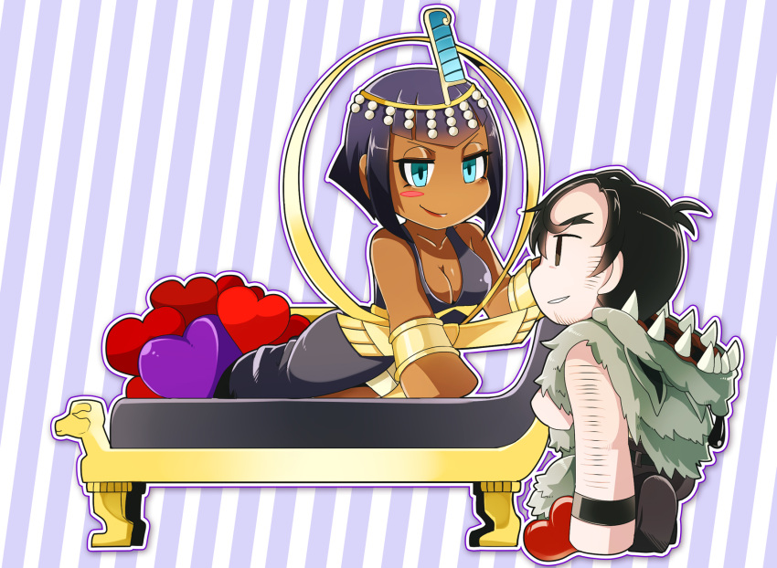 1boy, 1girl, beowulf_(skullgirls), black_eyes, black_hair, blue_eyes, breasts, chibi