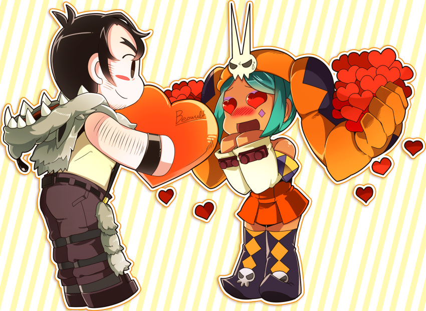 1boy, 1girl, aqua_hair, arm_hair, black_hair, blush, blush_stickers, cerebella_(skullgirls)