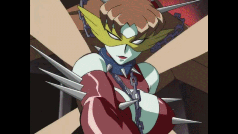 1girl, 90s, animated, animated_gif, attack, brown_hair, chains, dominatrix