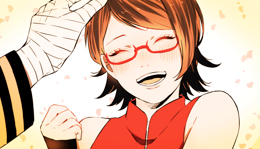 1girl, bandaged_hand, black_hair, glasses, hand, happy, naruto, naruto_gaiden