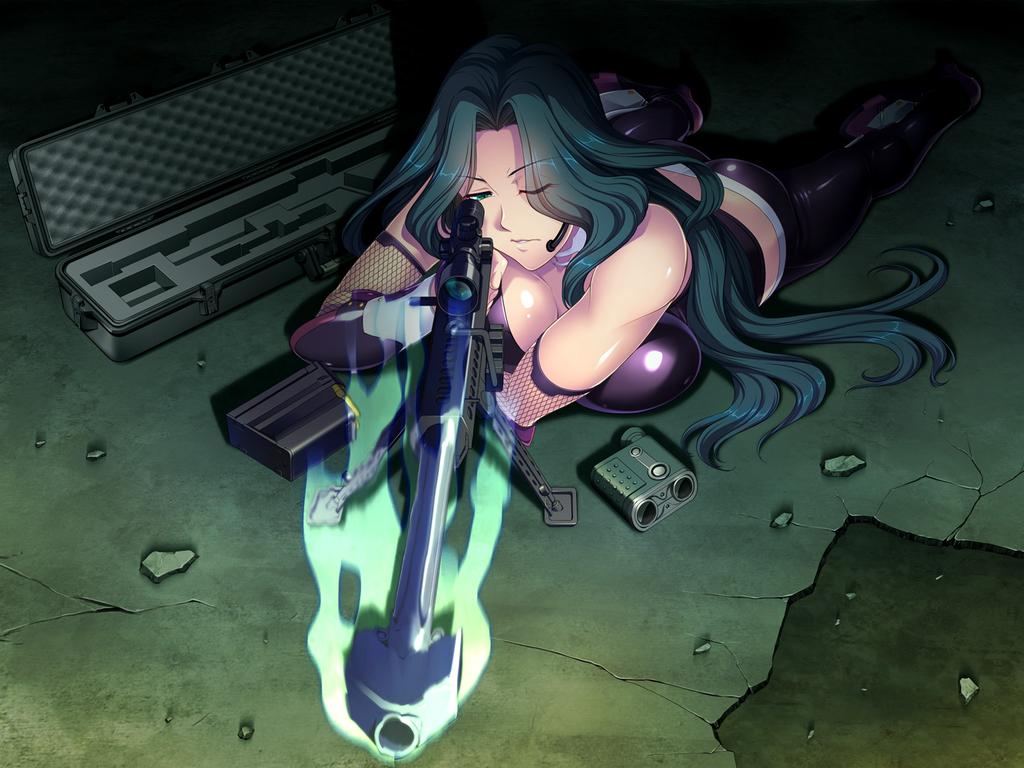 1girl, ass, binoculars, breasts, female, gun, large_breasts, latex