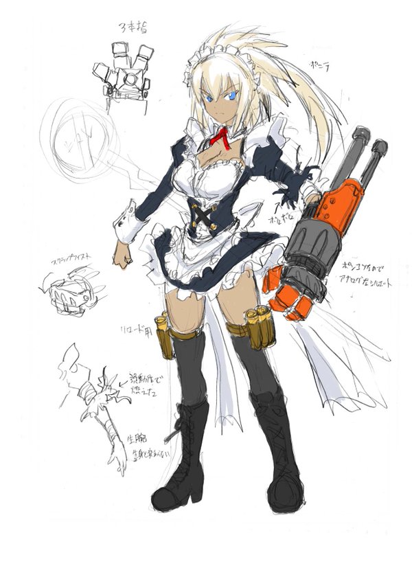 1girl, ammunition, asahi, blue_eyes, breasts, cleavage, concept_art, female