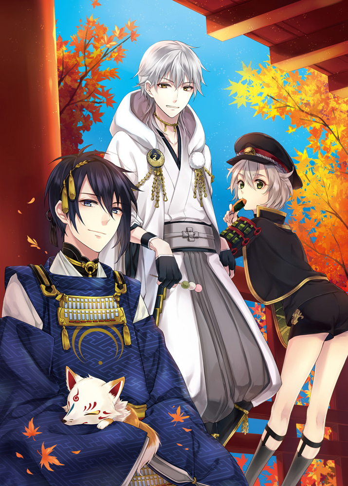3boys, armor, autumn_leaves, bad_id, black_gloves, black_hair, blue_eyes, dango