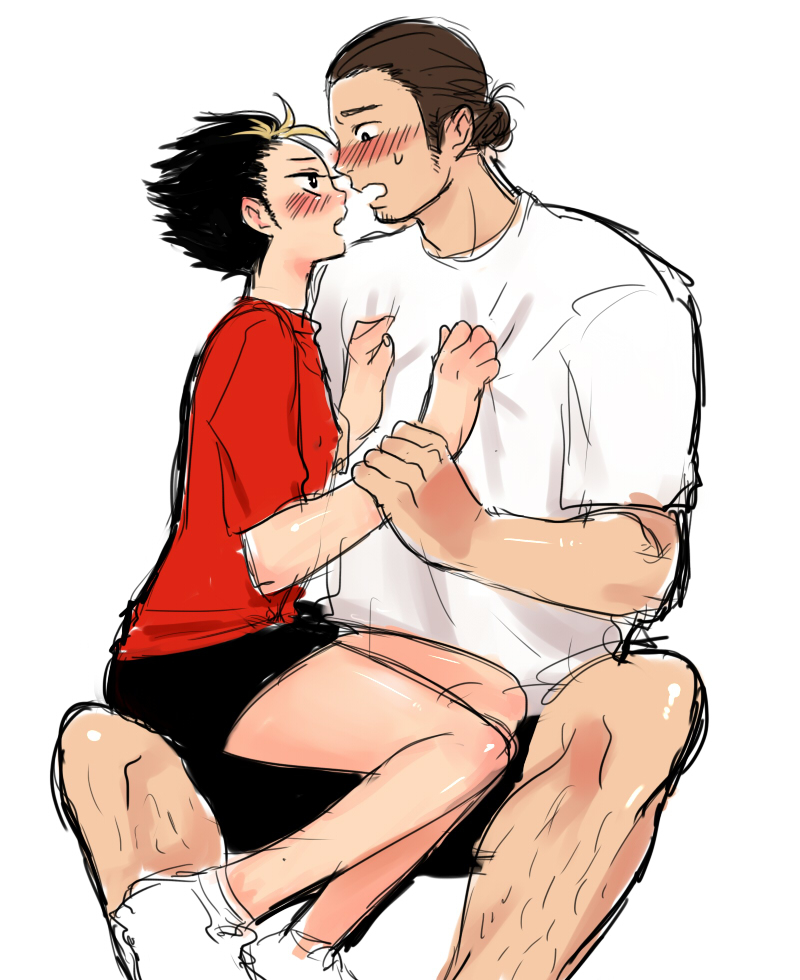 2boys, azumane_asahi, black_hair, blonde_hair, blush, body_hair, brown_hair, haikyuu!!