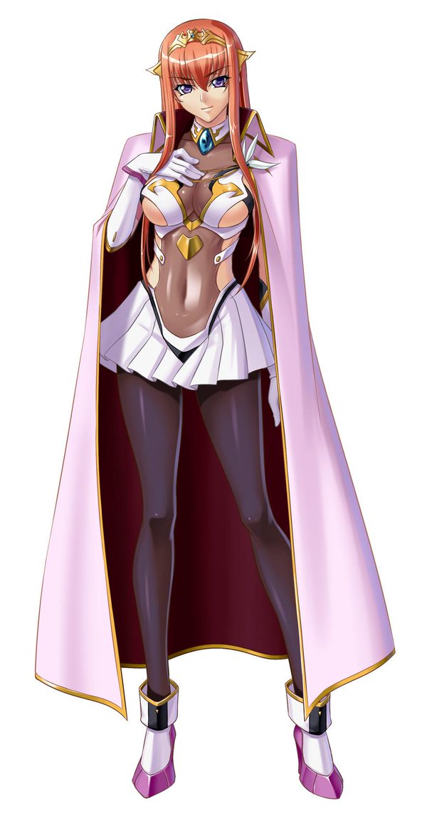 1girl, bangs, black_legwear, black_pantyhose, breasts, cape, closed_mouth, female, full_body, gloves, hair_between_eyes, headpiece, kagami_hirotaka, kangoku_senkan, kangoku_senkan_2, large_breasts, lilith-soft, long_hair, maya_cordelia, orange_hair, pantyhose, purple_cape, sidelocks, simple_background, solo, standing, underboob, violet_eyes, white_background, white_gloves