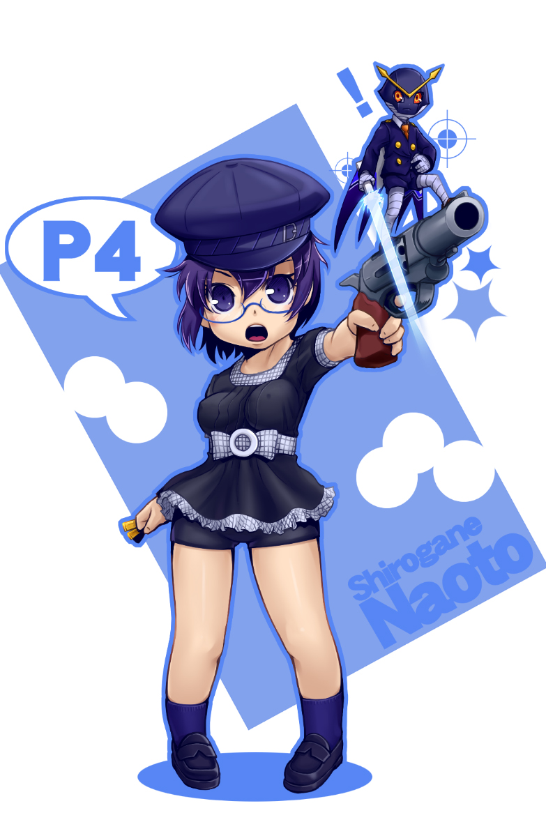 blue_hair, bullet, cabbie_hat, glasses, gun, hat, kentaro_taruneko, mkpower, persona, persona_4, shirogane_naoto, short_hair, taru_neko, weapon