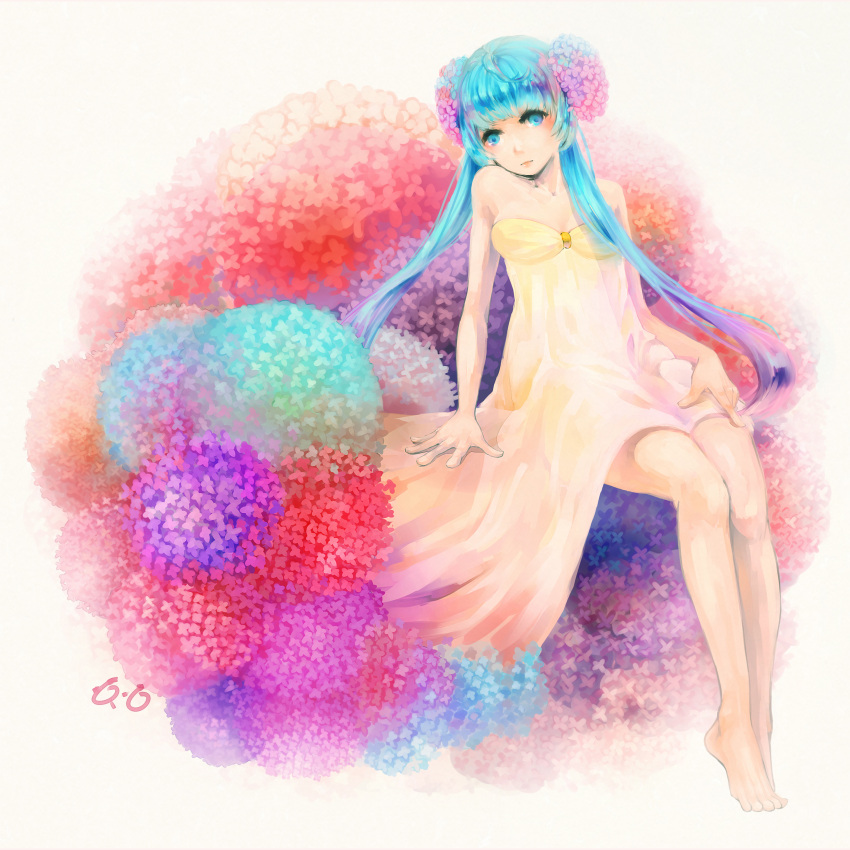 1girl, blue_eyes, blue_hair, breasts, cleavage, dress, flower, hair_ornament