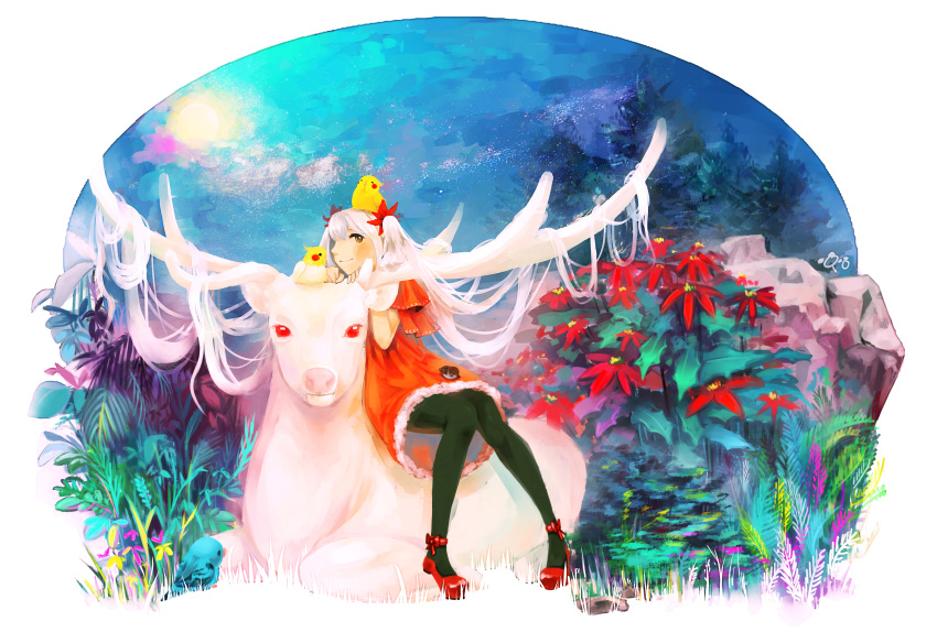 1girl, antlers, birds, christmas, deer, horns, long, solo