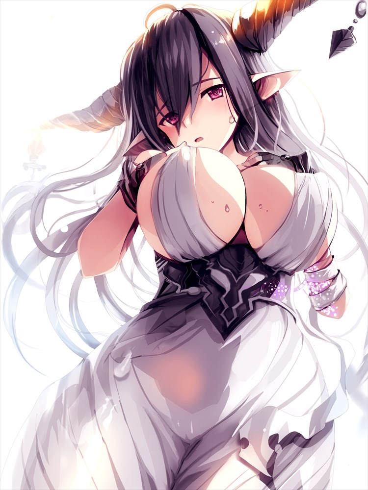 1girl, :o, bandaged_arm, border, breasts, cleavage, cowboy_shot, danua
