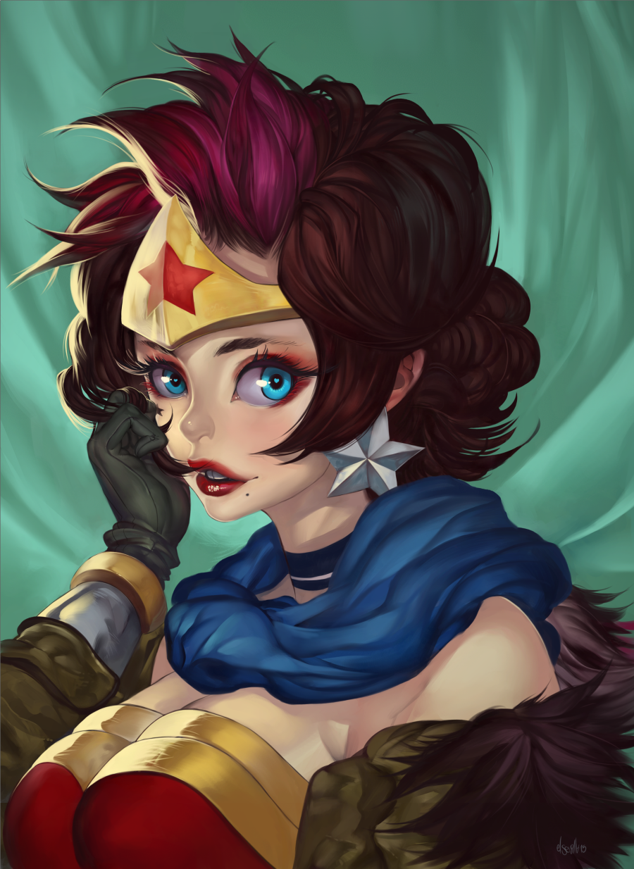 1girl, beauty_mark, beauty_spot, blue_eyes, brown_hair, dc_comics, earrings, gloves, heart, heart-shaped_pupils, hector_enrique_sevilla_lujan, jewelry, makeup, multicolored_hair, purple_hair, solo, symbol-shaped_pupils, tiara, wonder_woman