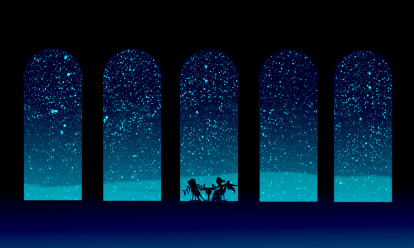blue, colonnade, column, flandre_scarlet, multiple_girls, night, pillar, remilia_scarlet