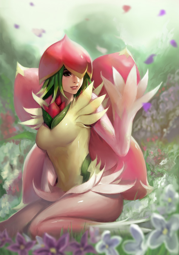 1girl, digimon, field, flower, green_hair, headwear, lilamon, petals
