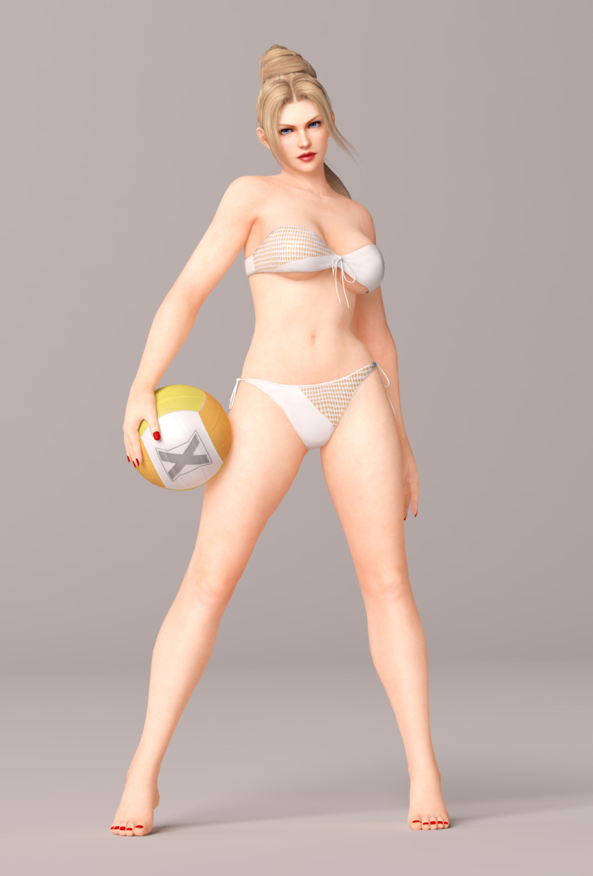1girl, 3d, bare_shoulders, blonde_hair, blue_eyes, breasts, cleavage, dead_or_alive