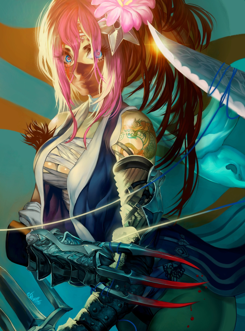 1girl, bandage, blood, blue_eyes, claws, crying, flower, gauntlets, hair_flower, hair_ornament, heart, heart-shaped_pupils, hector_enrique_sevilla_lujan, ninja_star, original, pink_hair, sword, symbol-shaped_pupils, tattoo, tears, throwing_star, weapon
